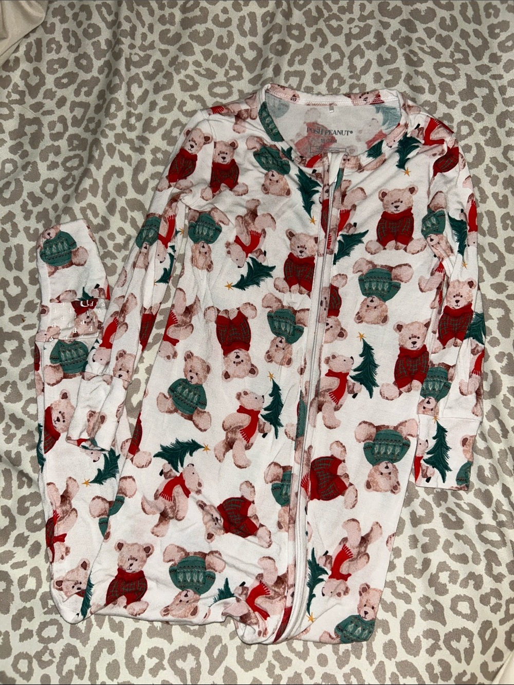 Posh Peanut Baby Holiday Bear Print Footed Pajamas - White/Red/Green